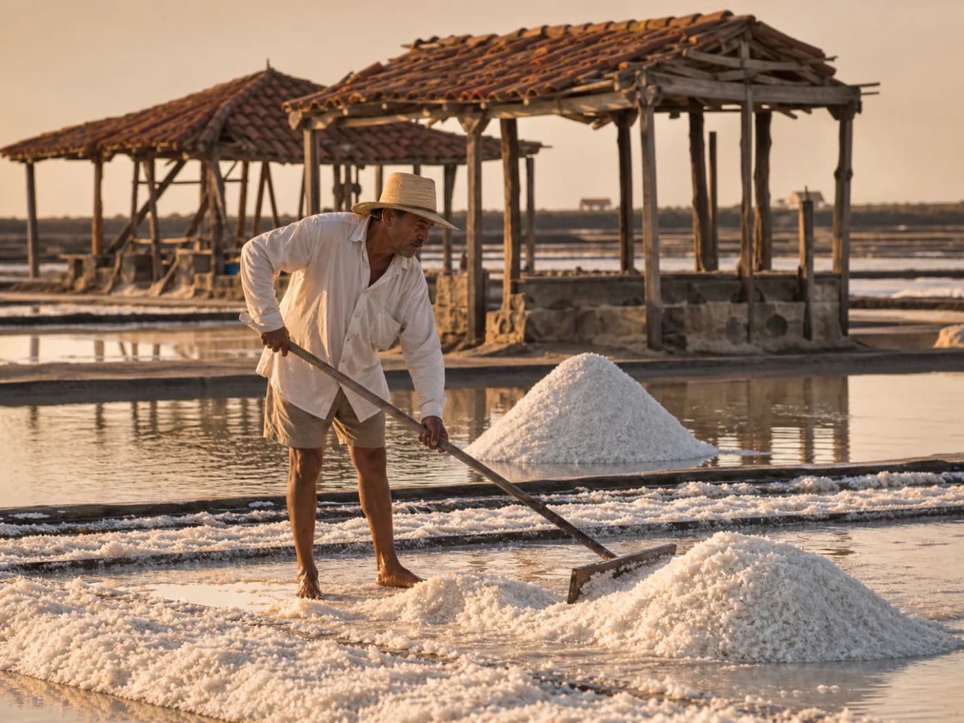 Salinero cosechando flor de sal en las salinas de Colima
