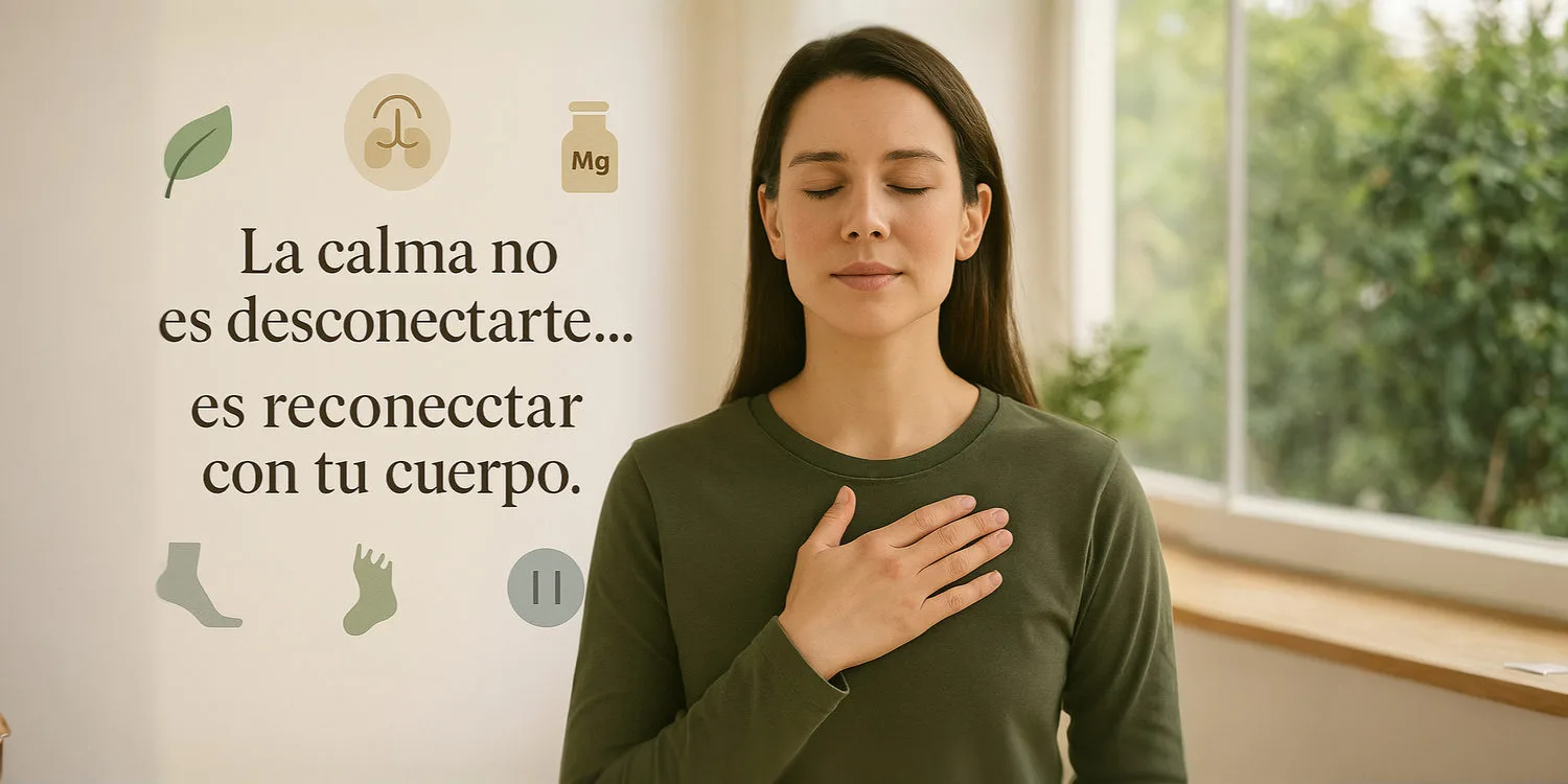 Fotografía inspiradora de una mujer con la mano en el pecho, ojos cerrados, rodeada de íconos como hoja, pausa, respiración, tape, magnesio. Texto: “La calma no es desconectarte… es reconectar con tu cuerpo.”